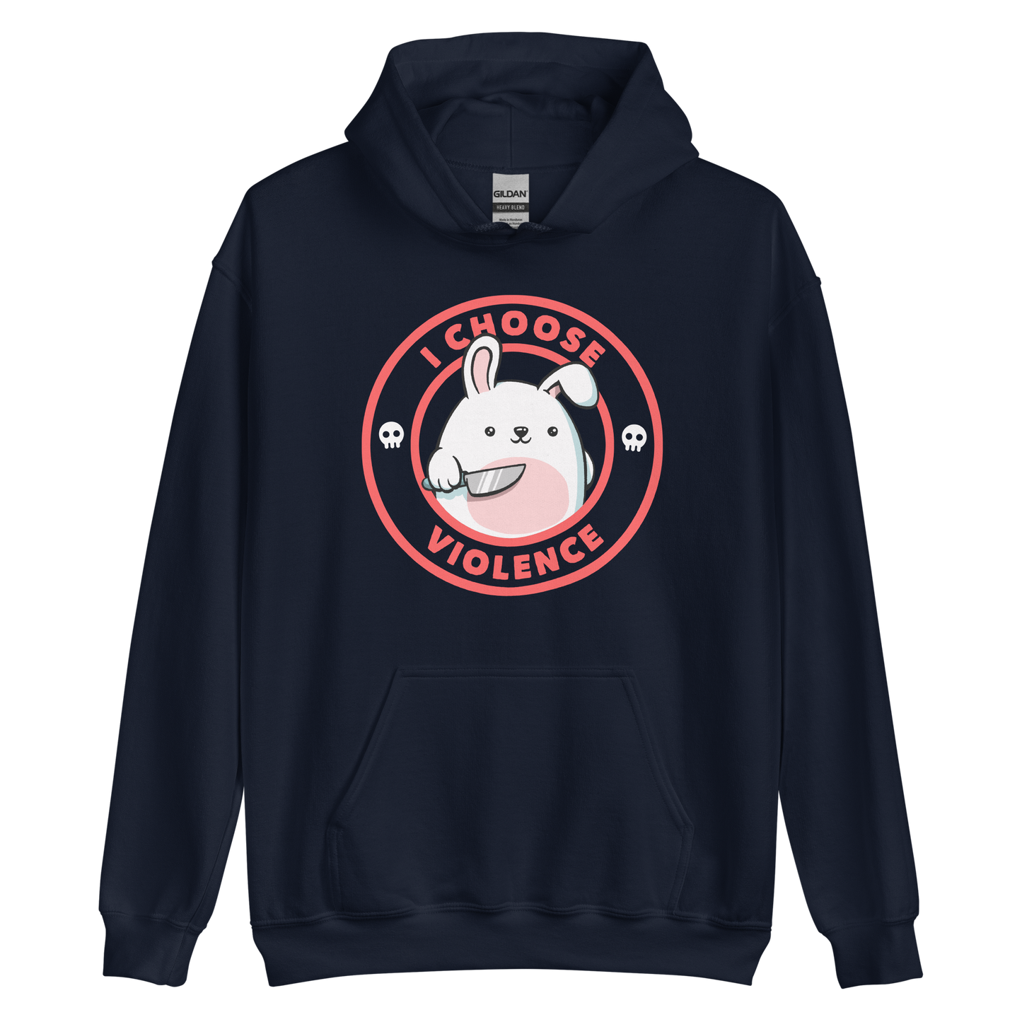 A cute white cartoon bunny with a pink belly stands holding a large kitchen knife in one paw. Surrounding the bunny is a red circular border with the words 'I CHOOSE VIOLENCE'. Small skull icons are on either side of the circle. The overall tone is a mix of adorable and ironic humor.
