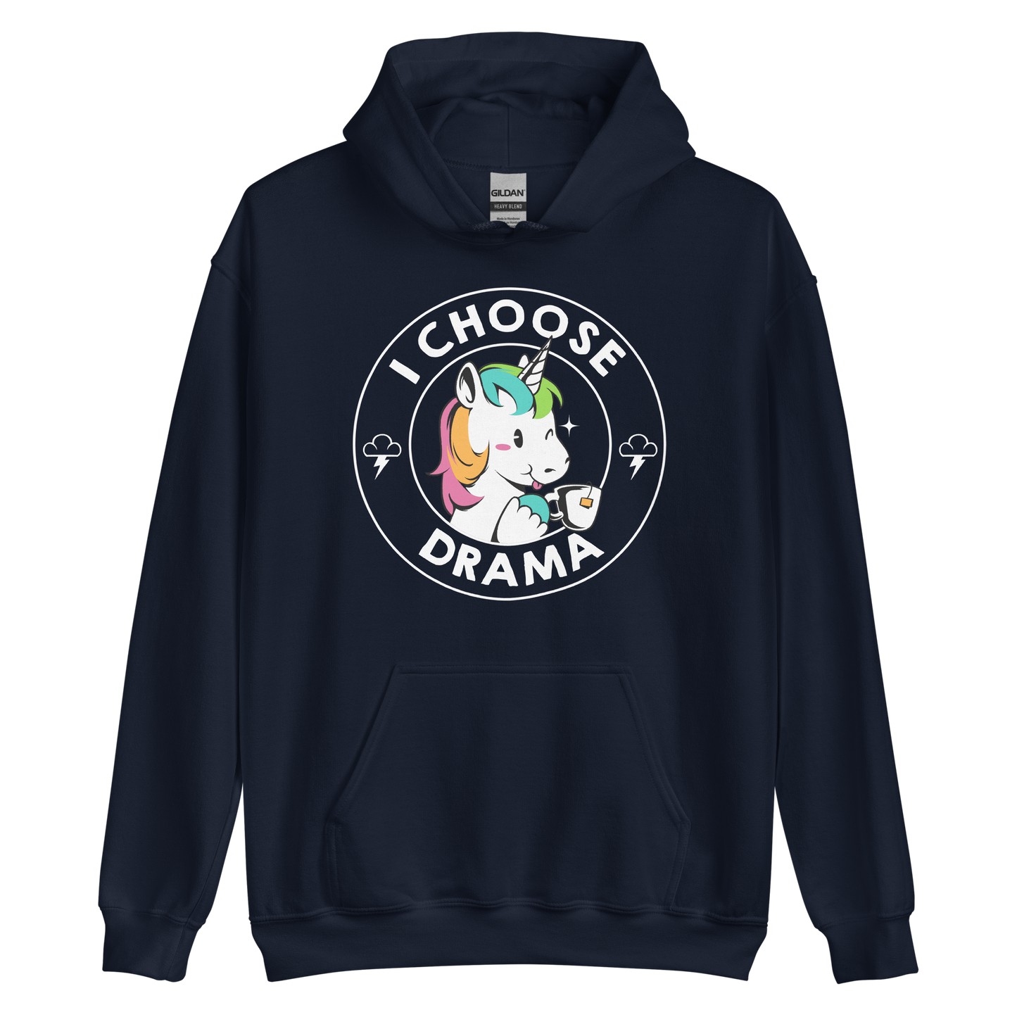 A cartoon unicorn with rainbow-colored mane holds a cup of tea and a heart, encircled by the words 'I Choose Drama'. Two small clouds with lightning bolts flank the unicorn, adding a playful yet slightly edgy vibe. The design is bold and whimsical with a pop-art influence.