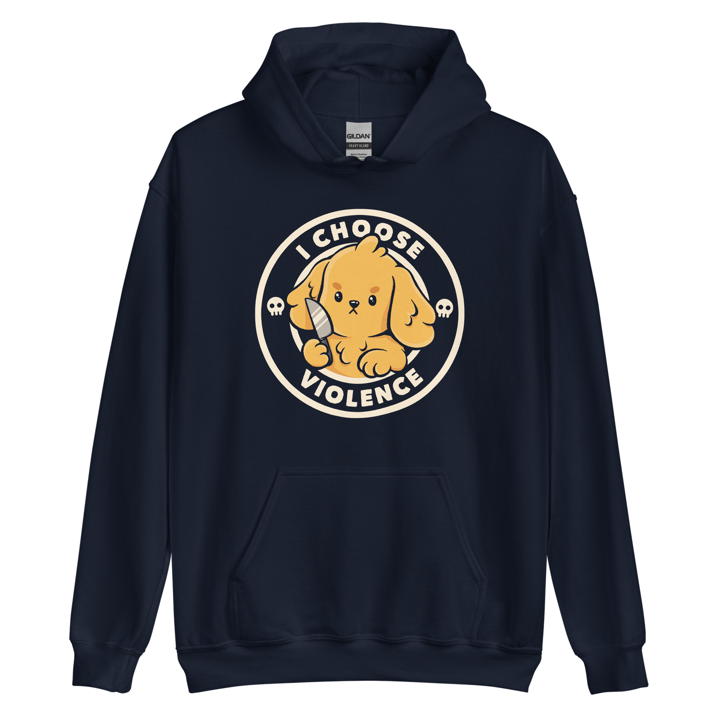 A cute yellow cartoon dog holds a small knife, surrounded by a circular logo that reads 'I Choose Violence'. The dog's expression is serious, yet the overall style is playful and cute. Two small skull icons are on either side, adding an ironic tone to the cheerful design.