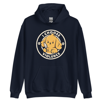 A cute yellow cartoon dog holds a small knife, surrounded by a circular logo that reads 'I Choose Violence'. The dog's expression is serious, yet the overall style is playful and cute. Two small skull icons are on either side, adding an ironic tone to the cheerful design.