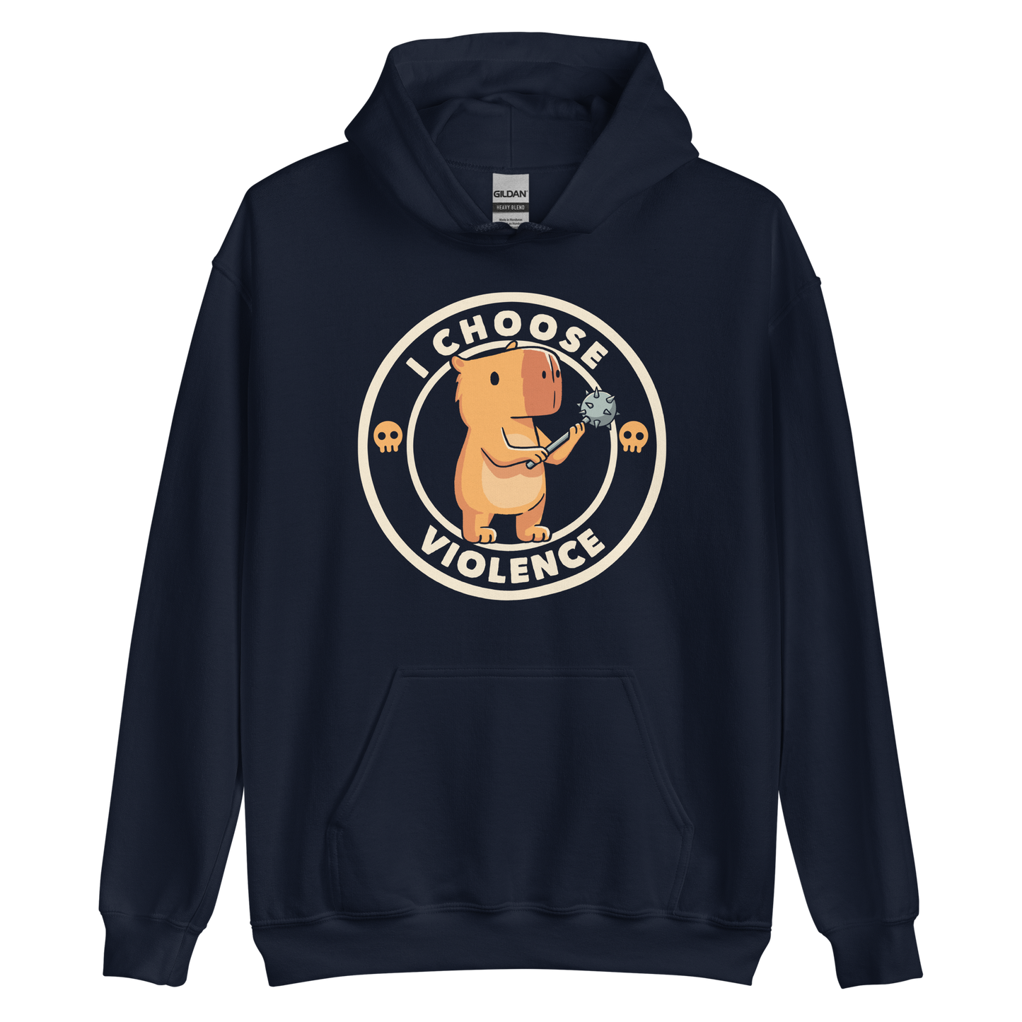 A cute, cartoonish burnt yellow capybara stands holding a spiked mace with a determined expression. Surrounding it is a circular design with the text 'I CHOOSE VIOLENCE' and two small skulls on either side, giving it a humorous yet ironic tone.