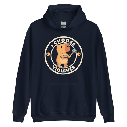 A cute, cartoonish burnt yellow capybara stands holding a spiked mace with a determined expression. Surrounding it is a circular design with the text 'I CHOOSE VIOLENCE' and two small skulls on either side, giving it a humorous yet ironic tone.