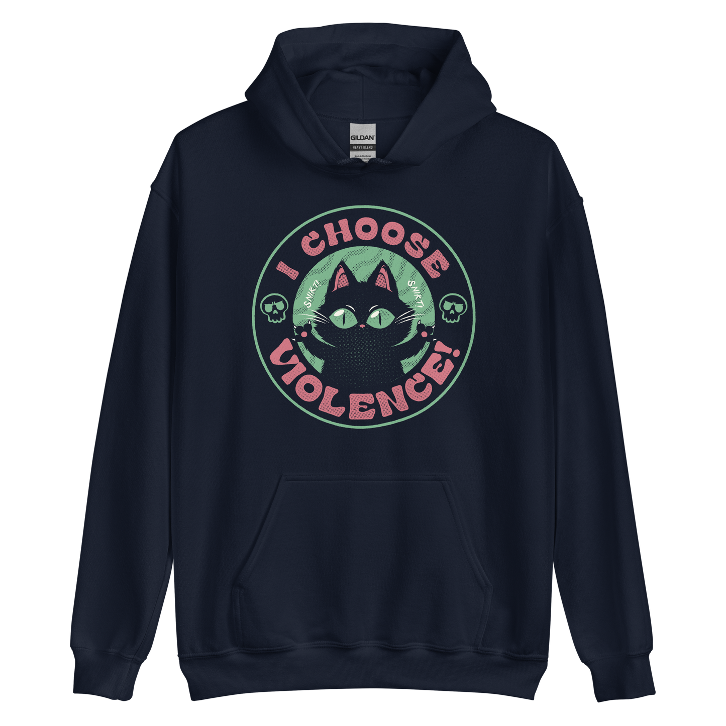 The image features a black cartoon-like cat with large, bright eyes and pointed ears, with a defiant look on its face. The cat is centered within a circular border. Surrounding the cat, the text reads 'I CHOOSE VIOLENCE!' in bold, playful font. There are also small skull illustrations flanking the cat on either side, adding a dark yet humorous tone to the design.