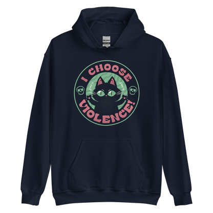 The image features a black cartoon-like cat with large, bright eyes and pointed ears, with a defiant look on its face. The cat is centered within a circular border. Surrounding the cat, the text reads 'I CHOOSE VIOLENCE!' in bold, playful font. There are also small skull illustrations flanking the cat on either side, adding a dark yet humorous tone to the design.