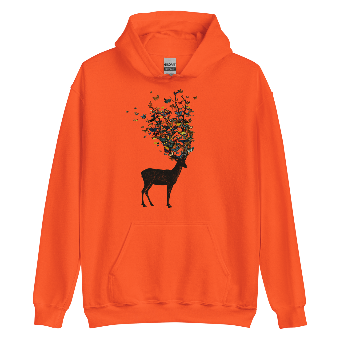 The image depicts a dark, silhouetted deer standing on a neutral background. Instead of branches, its antlers transform into a swirling cloud of vibrant, colorful butterflies that extend upwards and outward. The mix of organic and ethereal elements creates a captivating and whimsical visual contrast.