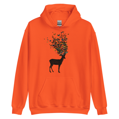 The image depicts a dark, silhouetted deer standing on a neutral background. Instead of branches, its antlers transform into a swirling cloud of vibrant, colorful butterflies that extend upwards and outward. The mix of organic and ethereal elements creates a captivating and whimsical visual contrast.