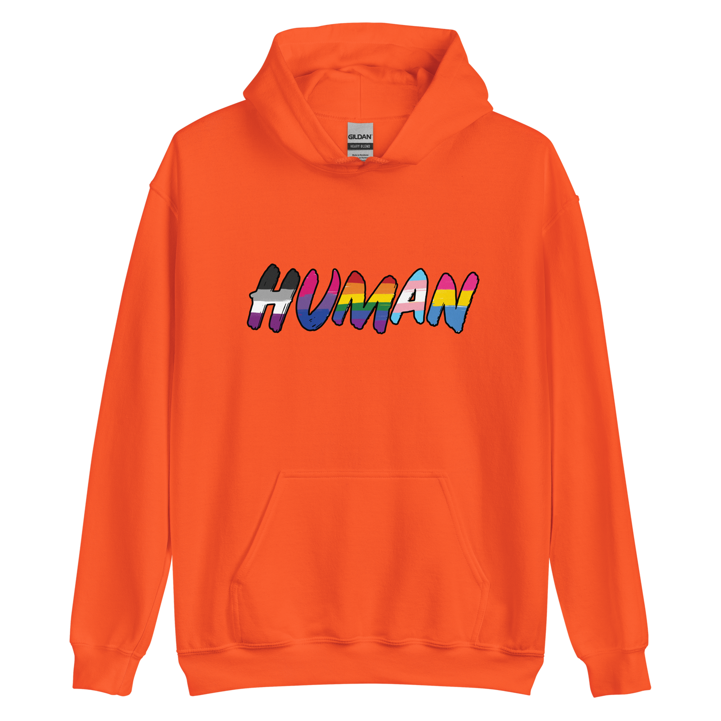 The image displays the word 'HUMAN' in bold, capitalized letters filled with colorful pride flag patterns. The colors within the letters represent different LGBTQ+ pride flags, symbolizing inclusivity and diversity. The background is solid black, which makes the colorful patterns stand out more vibrantly.