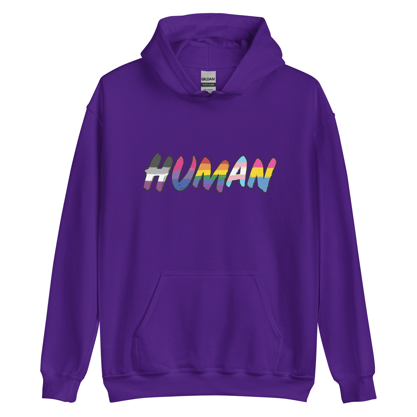 The image displays the word 'HUMAN' in bold, capitalized letters filled with colorful pride flag patterns. The colors within the letters represent different LGBTQ+ pride flags, symbolizing inclusivity and diversity. The background is solid black, which makes the colorful patterns stand out more vibrantly.