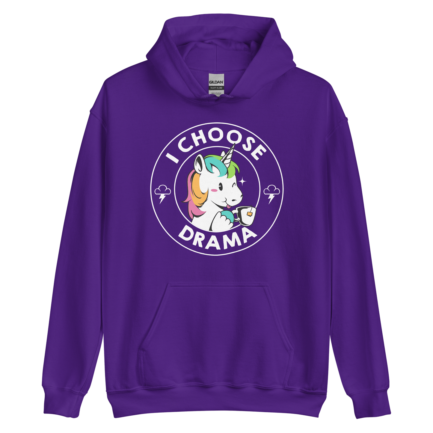A cartoon unicorn with rainbow-colored mane holds a cup of tea and a heart, encircled by the words 'I Choose Drama'. Two small clouds with lightning bolts flank the unicorn, adding a playful yet slightly edgy vibe. The design is bold and whimsical with a pop-art influence.