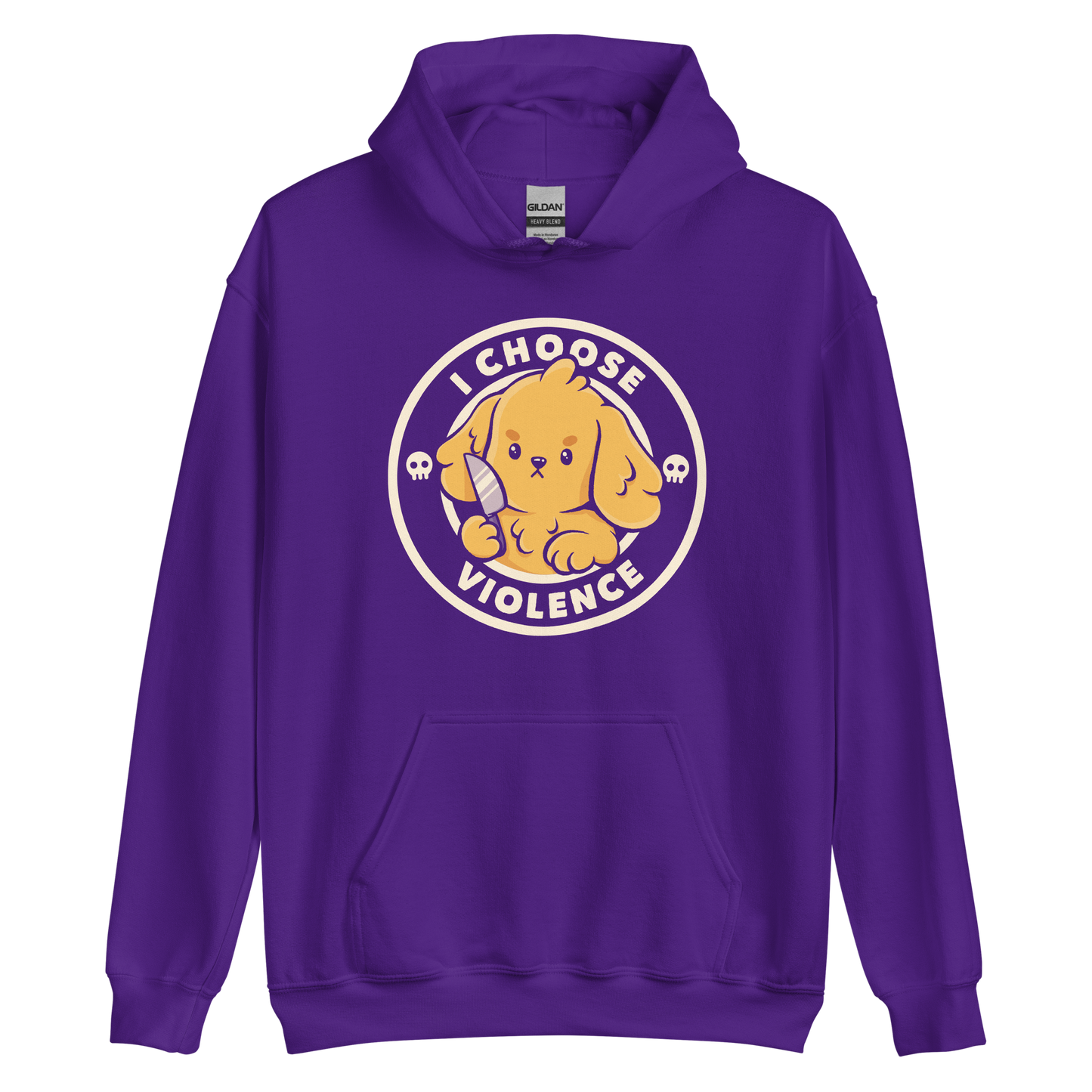 A cute yellow cartoon dog holds a small knife, surrounded by a circular logo that reads 'I Choose Violence'. The dog's expression is serious, yet the overall style is playful and cute. Two small skull icons are on either side, adding an ironic tone to the cheerful design.