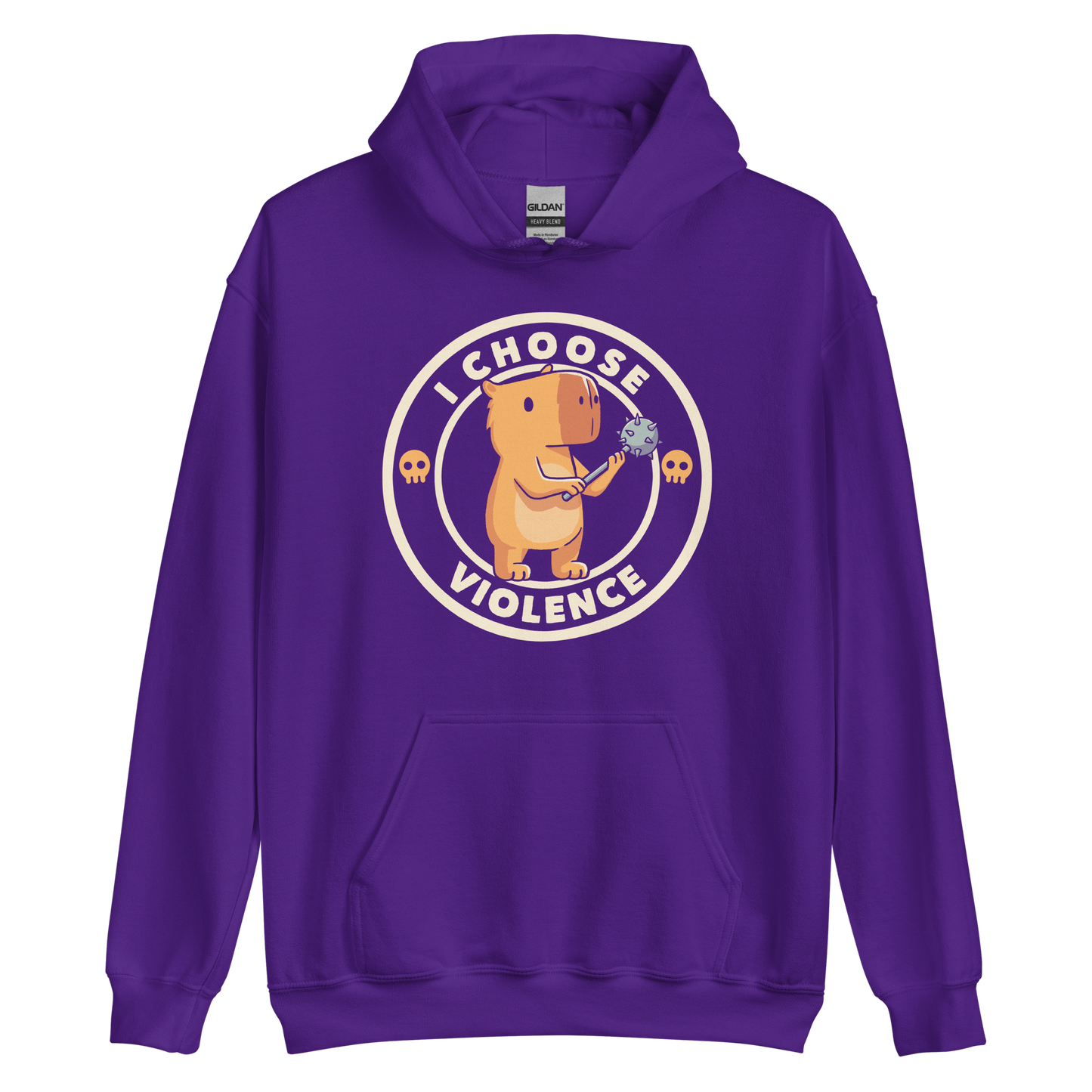A cute, cartoonish burnt yellow capybara stands holding a spiked mace with a determined expression. Surrounding it is a circular design with the text 'I CHOOSE VIOLENCE' and two small skulls on either side, giving it a humorous yet ironic tone.
