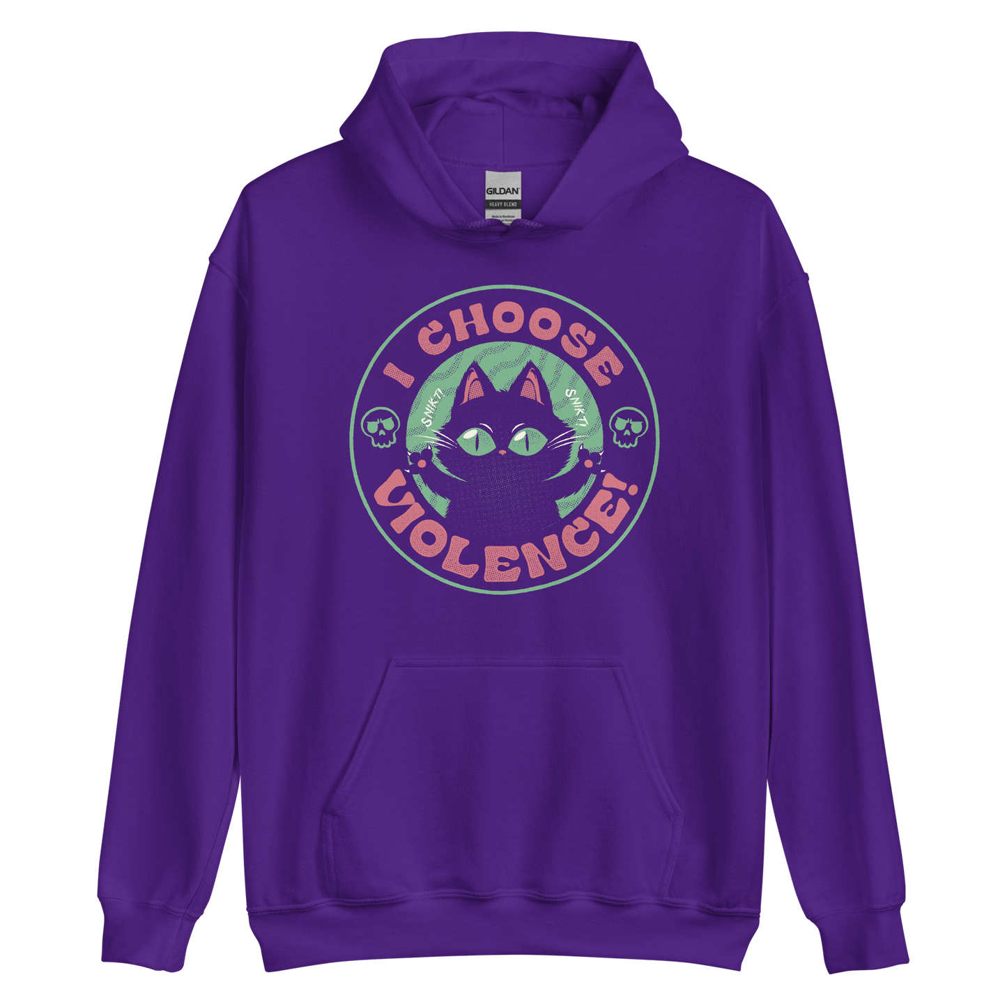 The image features a black cartoon-like cat with large, bright eyes and pointed ears, with a defiant look on its face. The cat is centered within a circular border. Surrounding the cat, the text reads 'I CHOOSE VIOLENCE!' in bold, playful font. There are also small skull illustrations flanking the cat on either side, adding a dark yet humorous tone to the design.