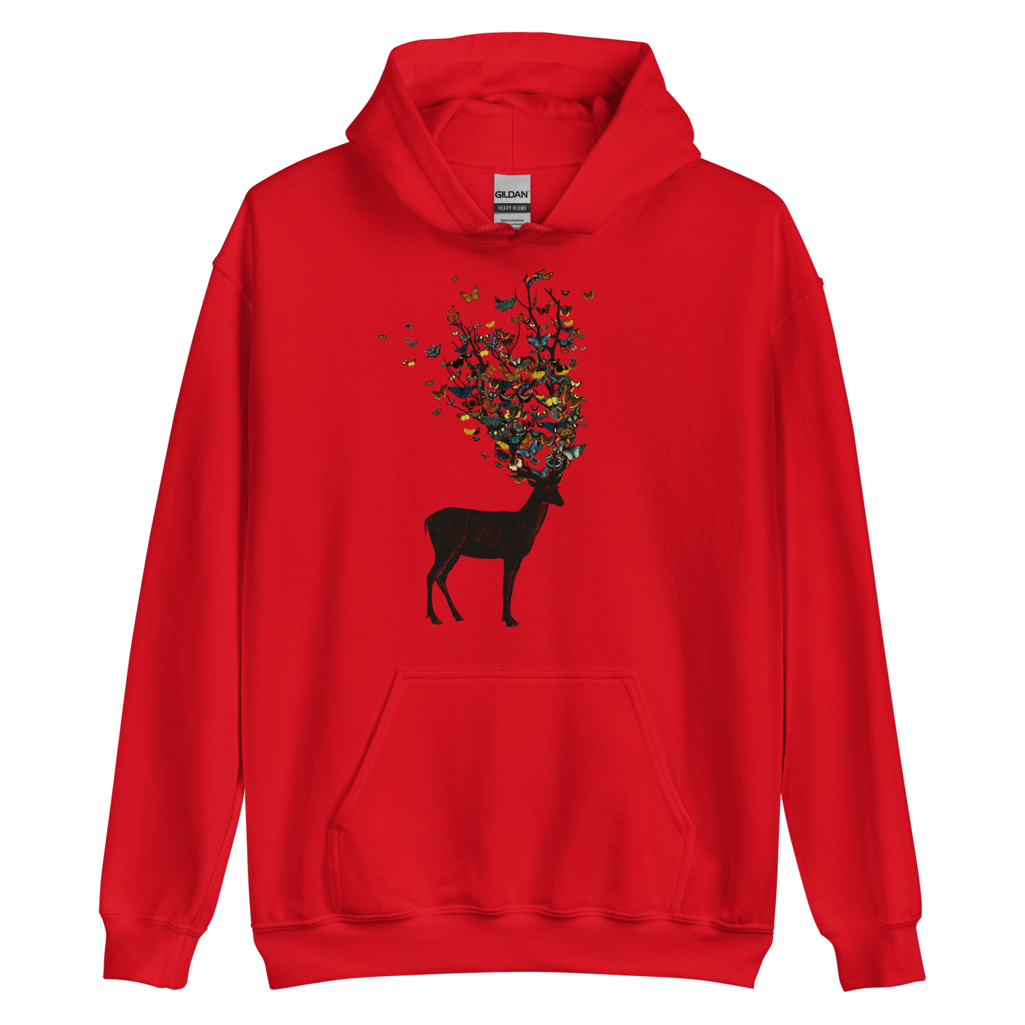 The image depicts a dark, silhouetted deer standing on a neutral background. Instead of branches, its antlers transform into a swirling cloud of vibrant, colorful butterflies that extend upwards and outward. The mix of organic and ethereal elements creates a captivating and whimsical visual contrast.