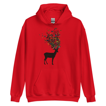 The image depicts a dark, silhouetted deer standing on a neutral background. Instead of branches, its antlers transform into a swirling cloud of vibrant, colorful butterflies that extend upwards and outward. The mix of organic and ethereal elements creates a captivating and whimsical visual contrast.