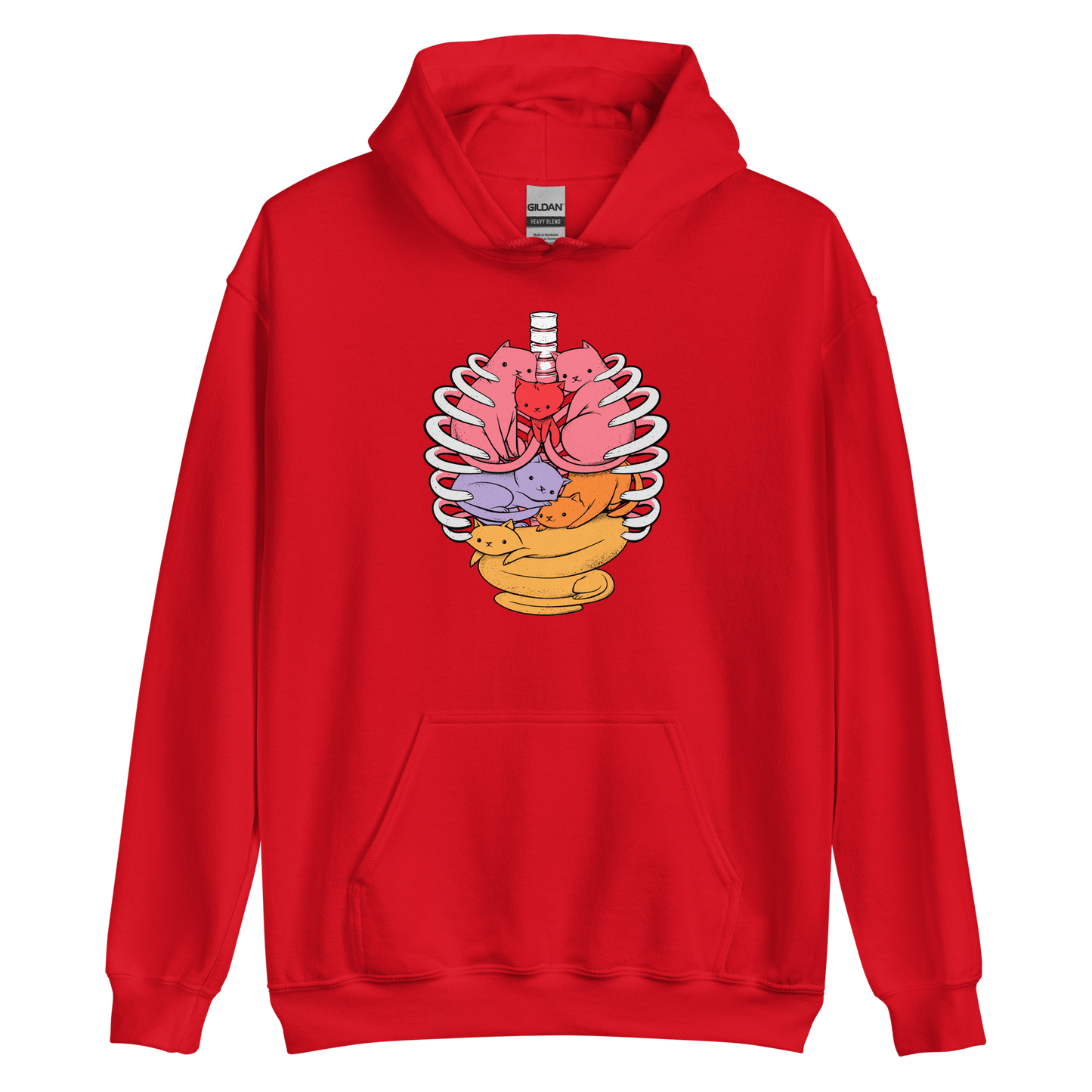 The image features a unique and colorful illustration of six whimsical cats nestled within and around a human ribcage. Each cat is a different bright color, ranging from pink and purple to orange and yellow, creating a visually appealing and vibrant composition. The use of contrasting colors and playful subject matter gives it a charming and eye-catching style.