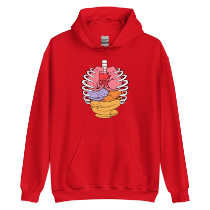 The image features a unique and colorful illustration of six whimsical cats nestled within and around a human ribcage. Each cat is a different bright color, ranging from pink and purple to orange and yellow, creating a visually appealing and vibrant composition. The use of contrasting colors and playful subject matter gives it a charming and eye-catching style.