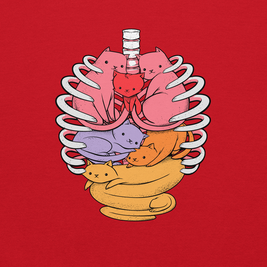 The image features a unique and colorful illustration of six whimsical cats nestled within and around a human ribcage. Each cat is a different bright color, ranging from pink and purple to orange and yellow, creating a visually appealing and vibrant composition. The use of contrasting colors and playful subject matter gives it a charming and eye-catching style.