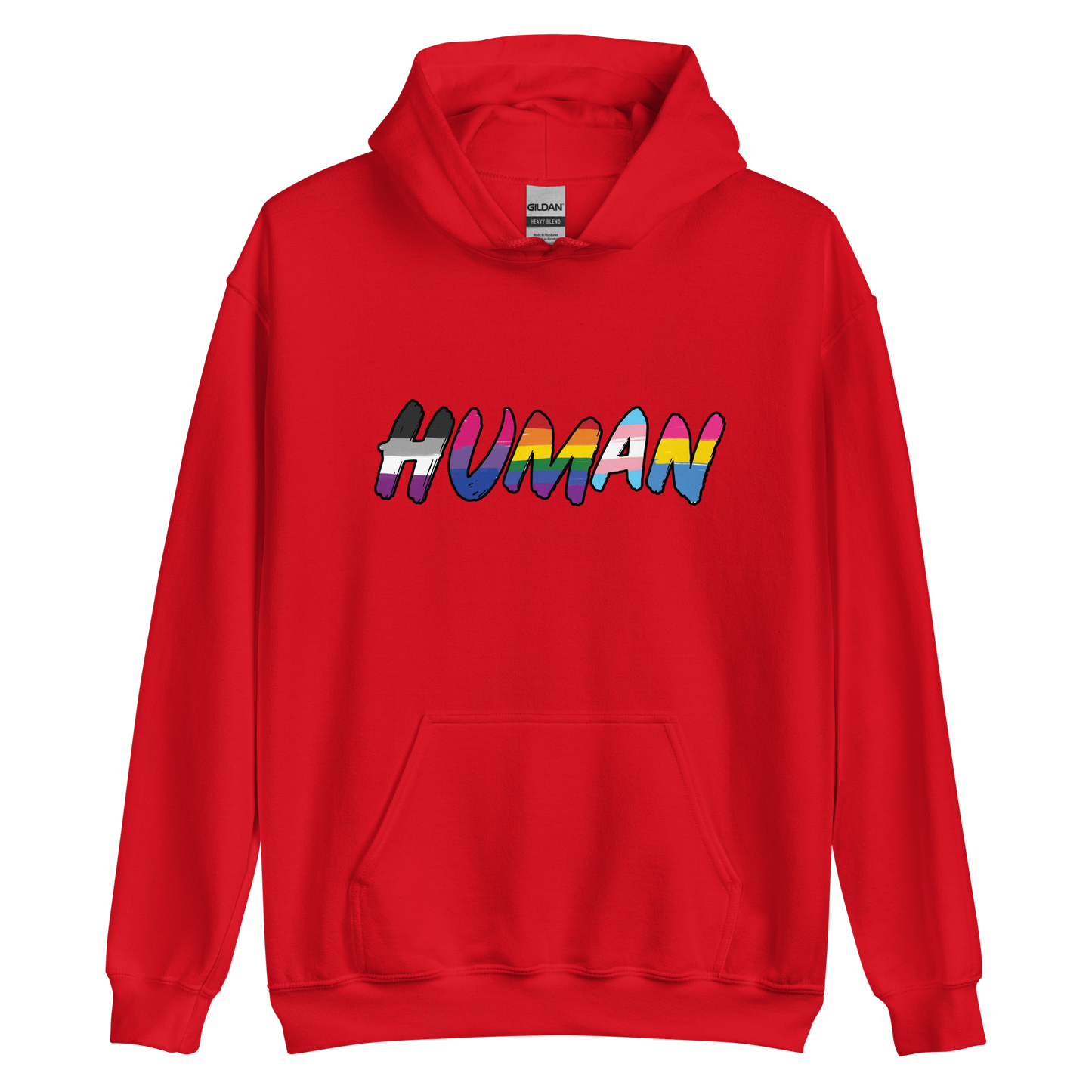 The image displays the word 'HUMAN' in bold, capitalized letters filled with colorful pride flag patterns. The colors within the letters represent different LGBTQ+ pride flags, symbolizing inclusivity and diversity. The background is solid black, which makes the colorful patterns stand out more vibrantly.