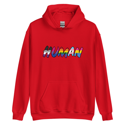 The image displays the word 'HUMAN' in bold, capitalized letters filled with colorful pride flag patterns. The colors within the letters represent different LGBTQ+ pride flags, symbolizing inclusivity and diversity. The background is solid black, which makes the colorful patterns stand out more vibrantly.