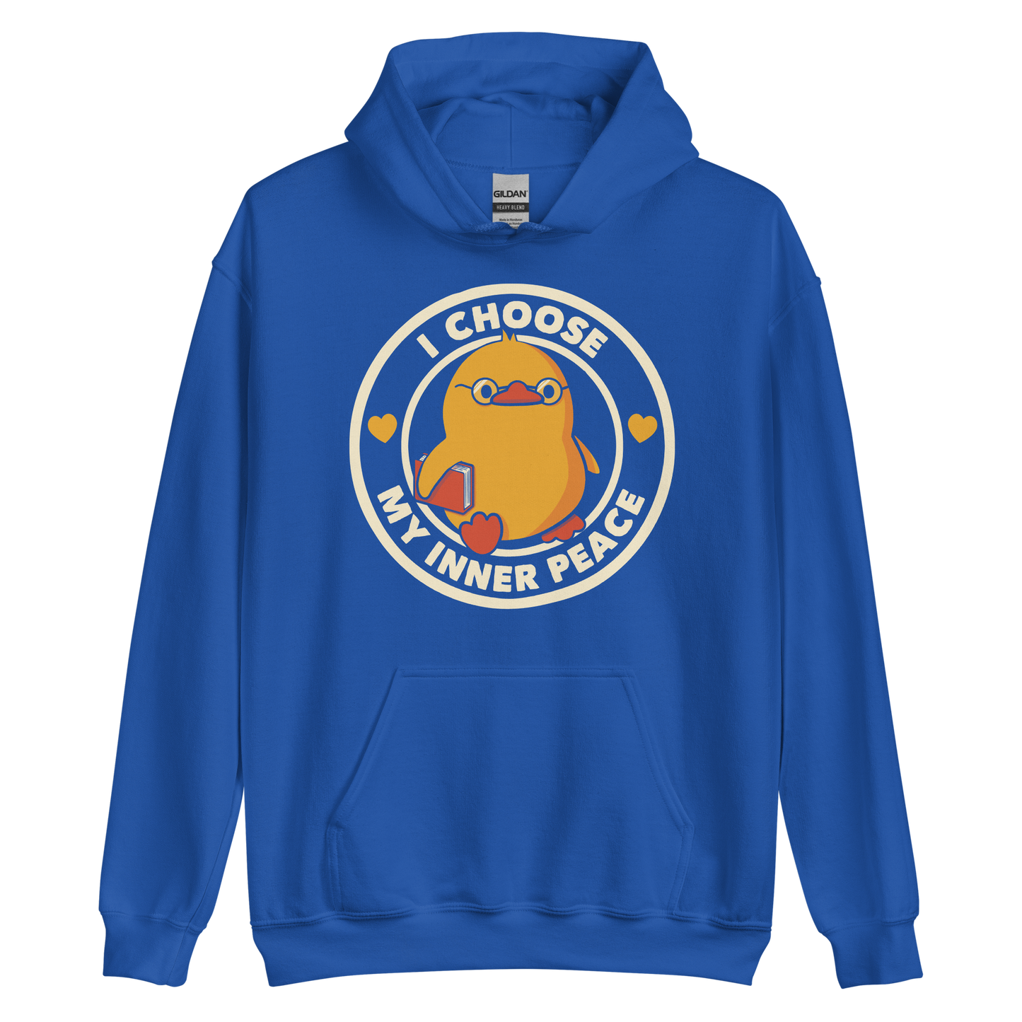 A cute yellow bird with a small tuft of feathers on its head is wearing round glasses and holding a red book. The bird has a determined expression. The image is encircled by the phrase 'I CHOOSE MY INNER PEACE' with two small hearts on each side.