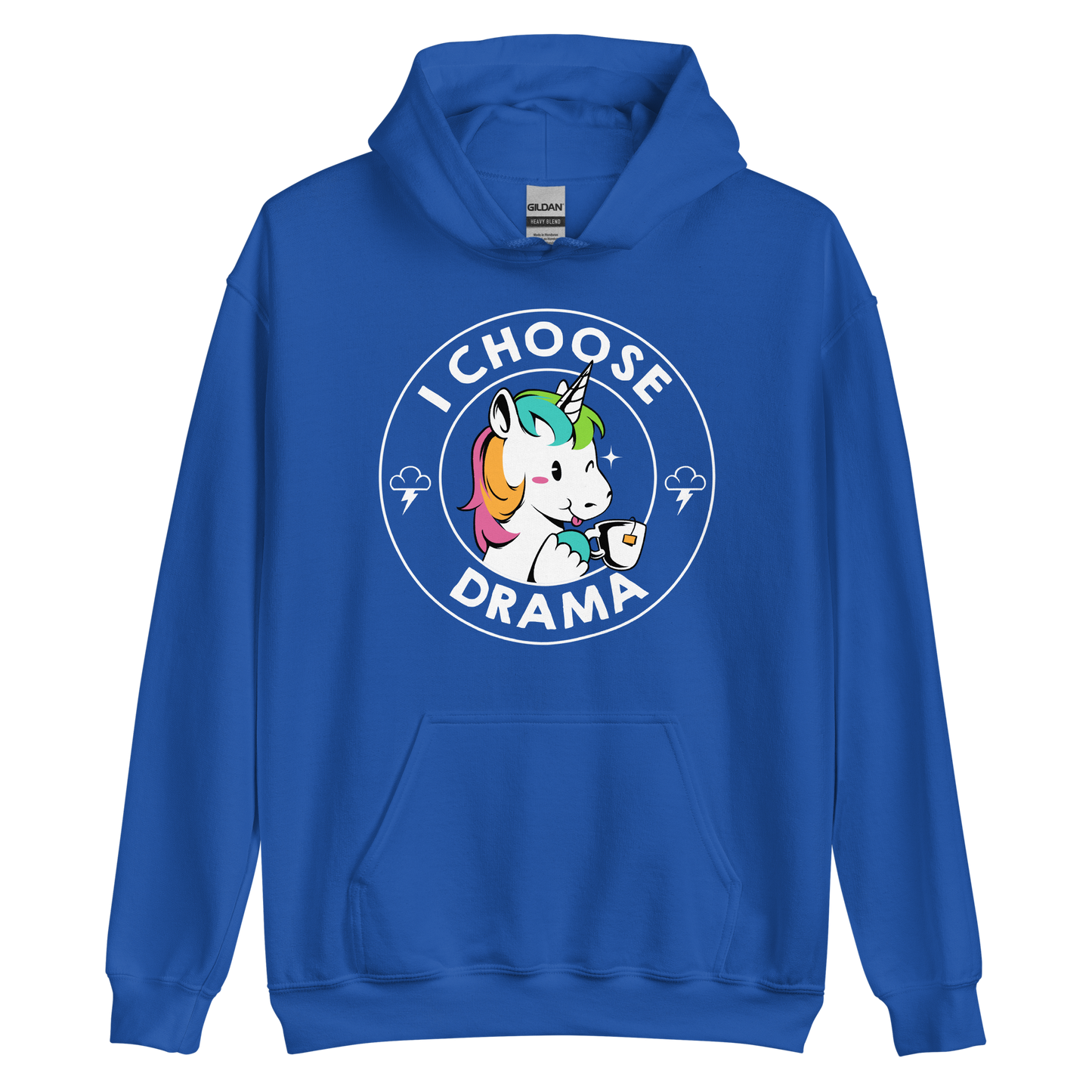 A cartoon unicorn with rainbow-colored mane holds a cup of tea and a heart, encircled by the words 'I Choose Drama'. Two small clouds with lightning bolts flank the unicorn, adding a playful yet slightly edgy vibe. The design is bold and whimsical with a pop-art influence.