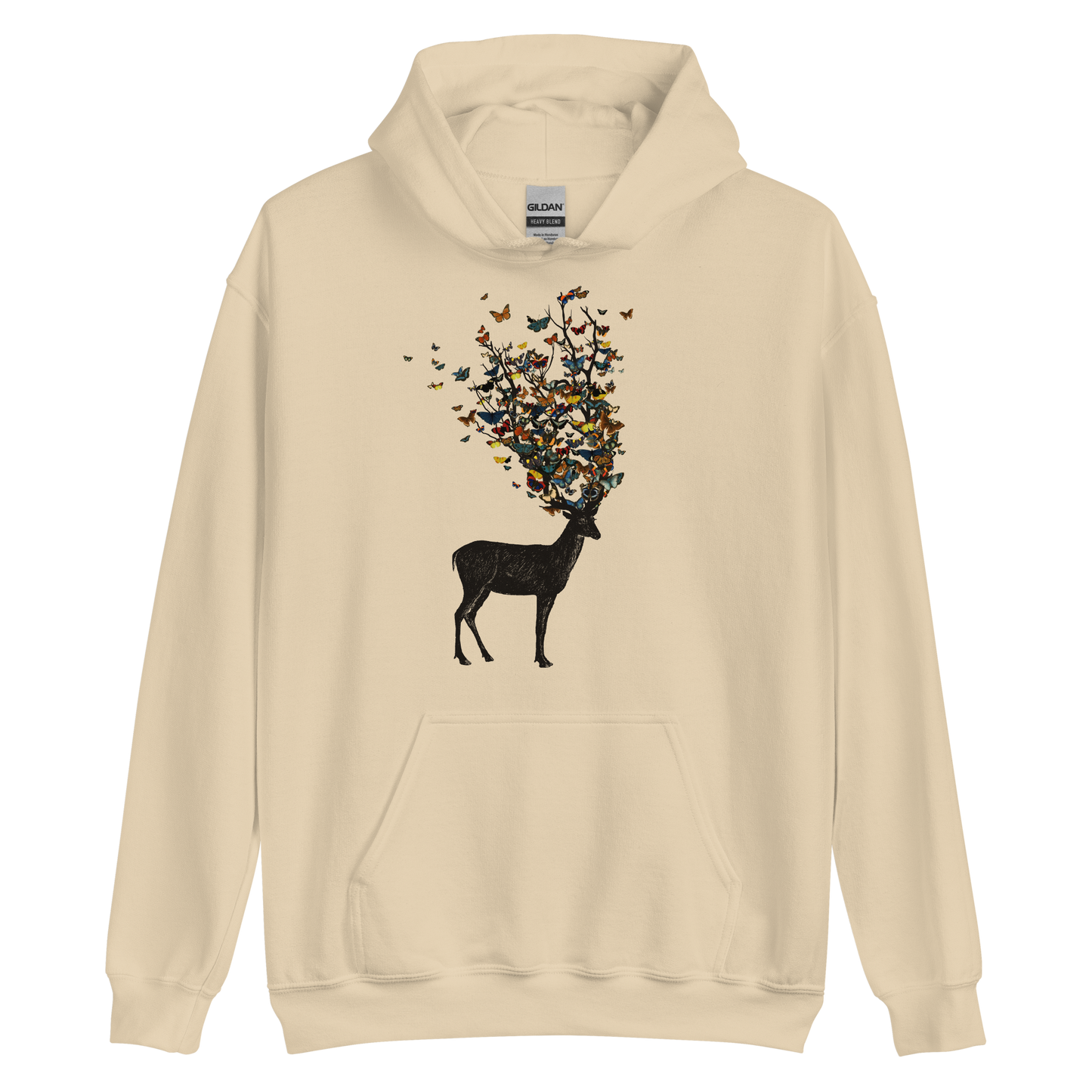 The image depicts a dark, silhouetted deer standing on a neutral background. Instead of branches, its antlers transform into a swirling cloud of vibrant, colorful butterflies that extend upwards and outward. The mix of organic and ethereal elements creates a captivating and whimsical visual contrast.