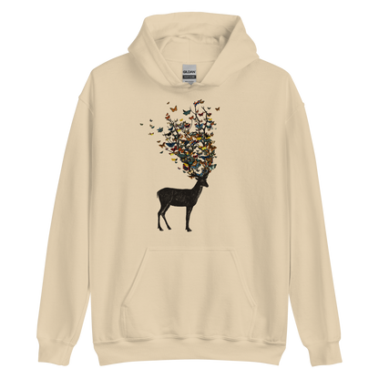 The image depicts a dark, silhouetted deer standing on a neutral background. Instead of branches, its antlers transform into a swirling cloud of vibrant, colorful butterflies that extend upwards and outward. The mix of organic and ethereal elements creates a captivating and whimsical visual contrast.