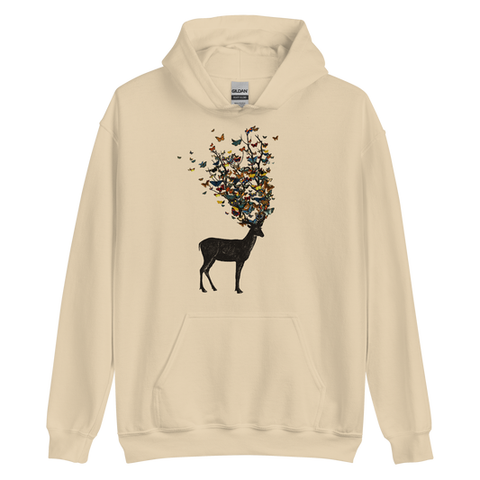 The image depicts a dark, silhouetted deer standing on a neutral background. Instead of branches, its antlers transform into a swirling cloud of vibrant, colorful butterflies that extend upwards and outward. The mix of organic and ethereal elements creates a captivating and whimsical visual contrast.
