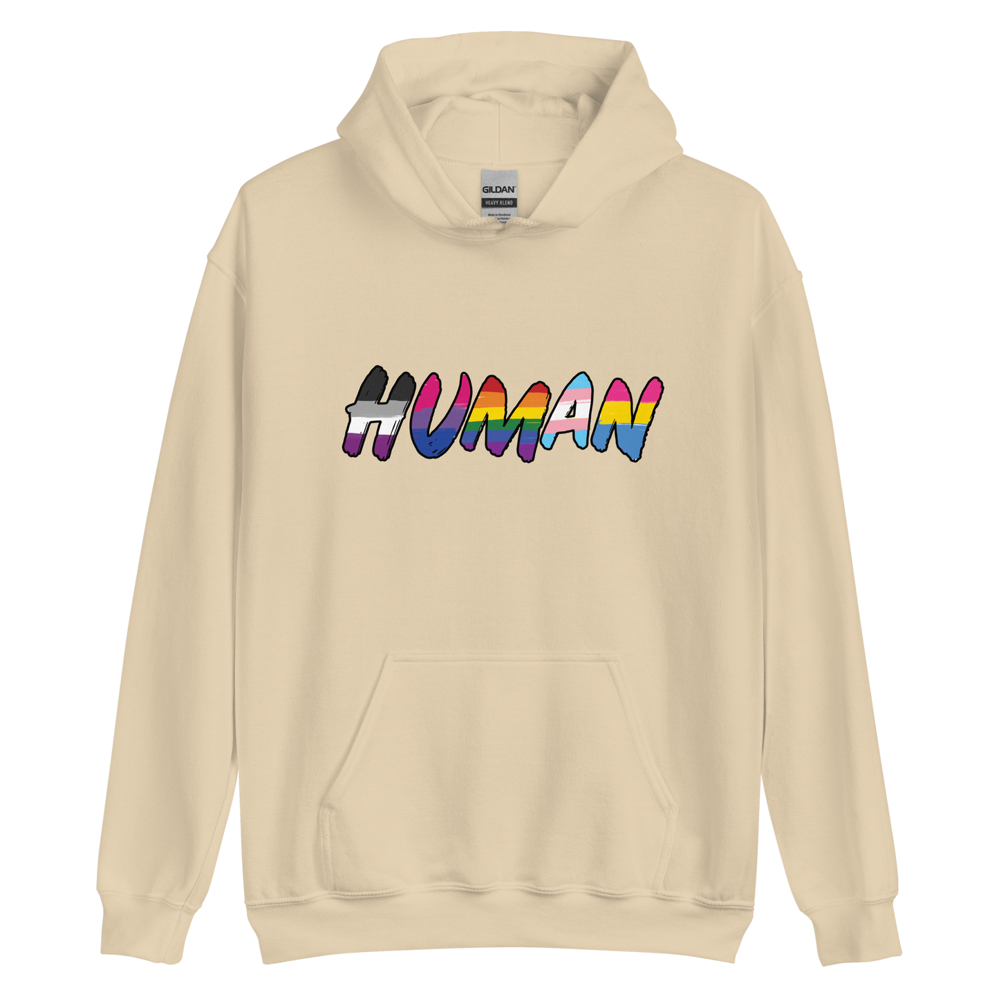 The image displays the word 'HUMAN' in bold, capitalized letters filled with colorful pride flag patterns. The colors within the letters represent different LGBTQ+ pride flags, symbolizing inclusivity and diversity. The background is solid black, which makes the colorful patterns stand out more vibrantly.