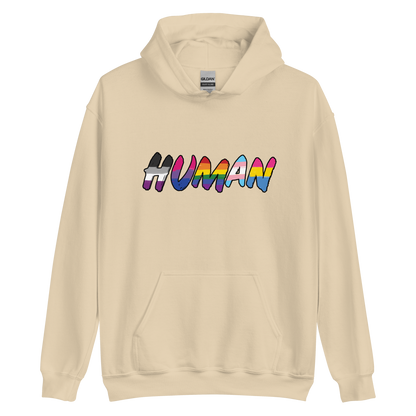 The image displays the word 'HUMAN' in bold, capitalized letters filled with colorful pride flag patterns. The colors within the letters represent different LGBTQ+ pride flags, symbolizing inclusivity and diversity. The background is solid black, which makes the colorful patterns stand out more vibrantly.