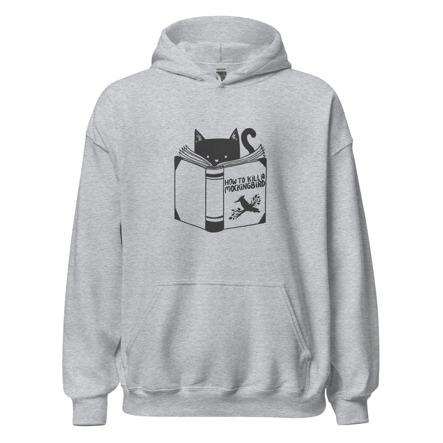 A black and white illustration features a cat peeking over an open book titled 'How to Kill a Mockingbird,' playfully altering the classic novel's title. The cat has a heart-shaped nose and simple, cute facial features. The design is whimsical and ironic, combining classic literature with a humorous twist.