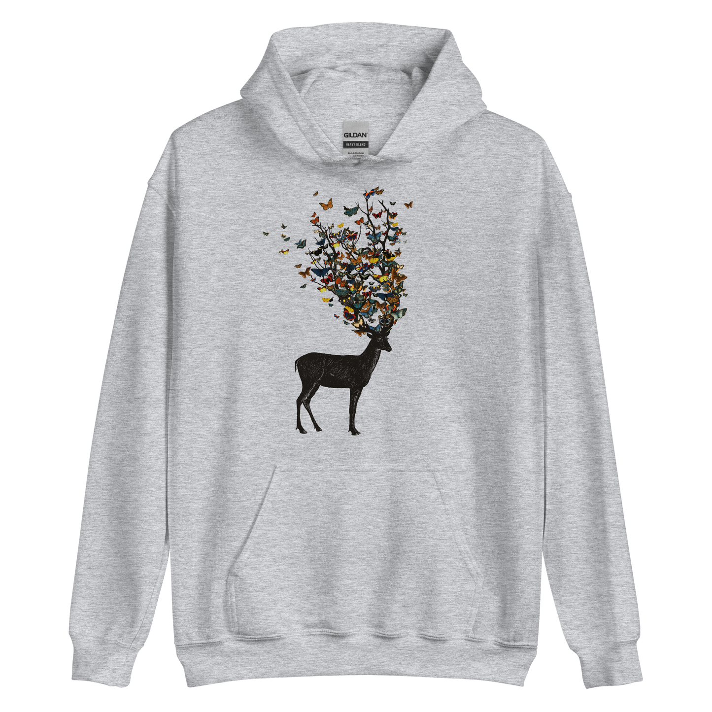 The image depicts a dark, silhouetted deer standing on a neutral background. Instead of branches, its antlers transform into a swirling cloud of vibrant, colorful butterflies that extend upwards and outward. The mix of organic and ethereal elements creates a captivating and whimsical visual contrast.