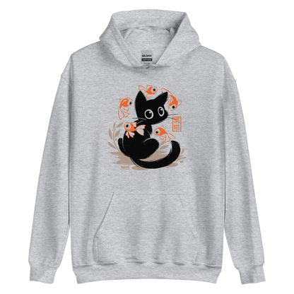 This unique design features a charming black cat amidst playful koi, rendered in beautiful Sumi-e ink style. A perfect blend of Japanese art and anime whimsy for any cat lover.