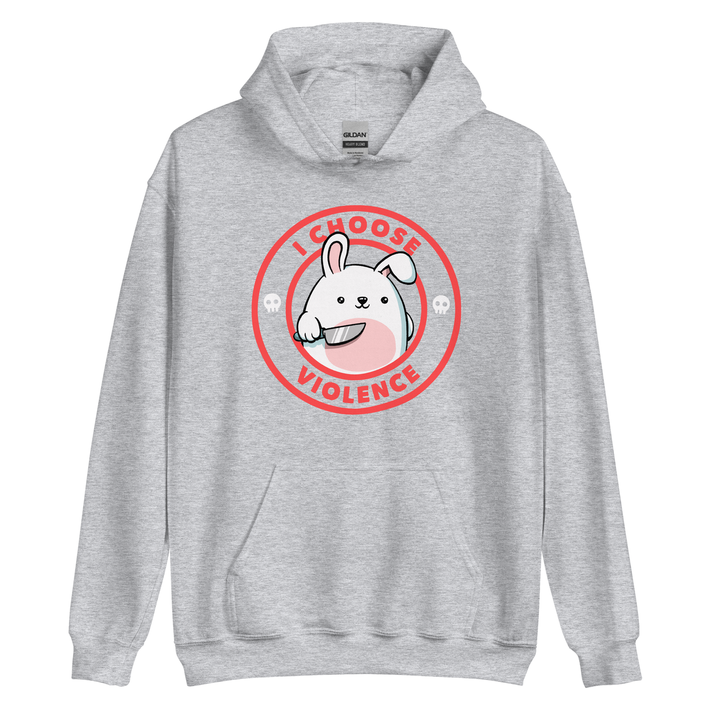 A cute white cartoon bunny with a pink belly stands holding a large kitchen knife in one paw. Surrounding the bunny is a red circular border with the words 'I CHOOSE VIOLENCE'. Small skull icons are on either side of the circle. The overall tone is a mix of adorable and ironic humor.