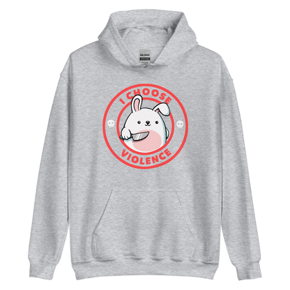 A cute white cartoon bunny with a pink belly stands holding a large kitchen knife in one paw. Surrounding the bunny is a red circular border with the words 'I CHOOSE VIOLENCE'. Small skull icons are on either side of the circle. The overall tone is a mix of adorable and ironic humor.