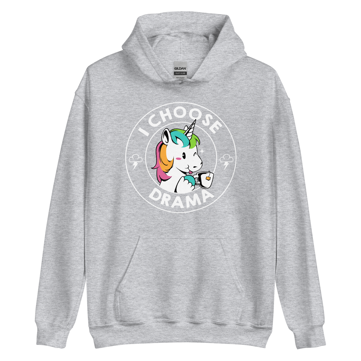 A cartoon unicorn with rainbow-colored mane holds a cup of tea and a heart, encircled by the words 'I Choose Drama'. Two small clouds with lightning bolts flank the unicorn, adding a playful yet slightly edgy vibe. The design is bold and whimsical with a pop-art influence.