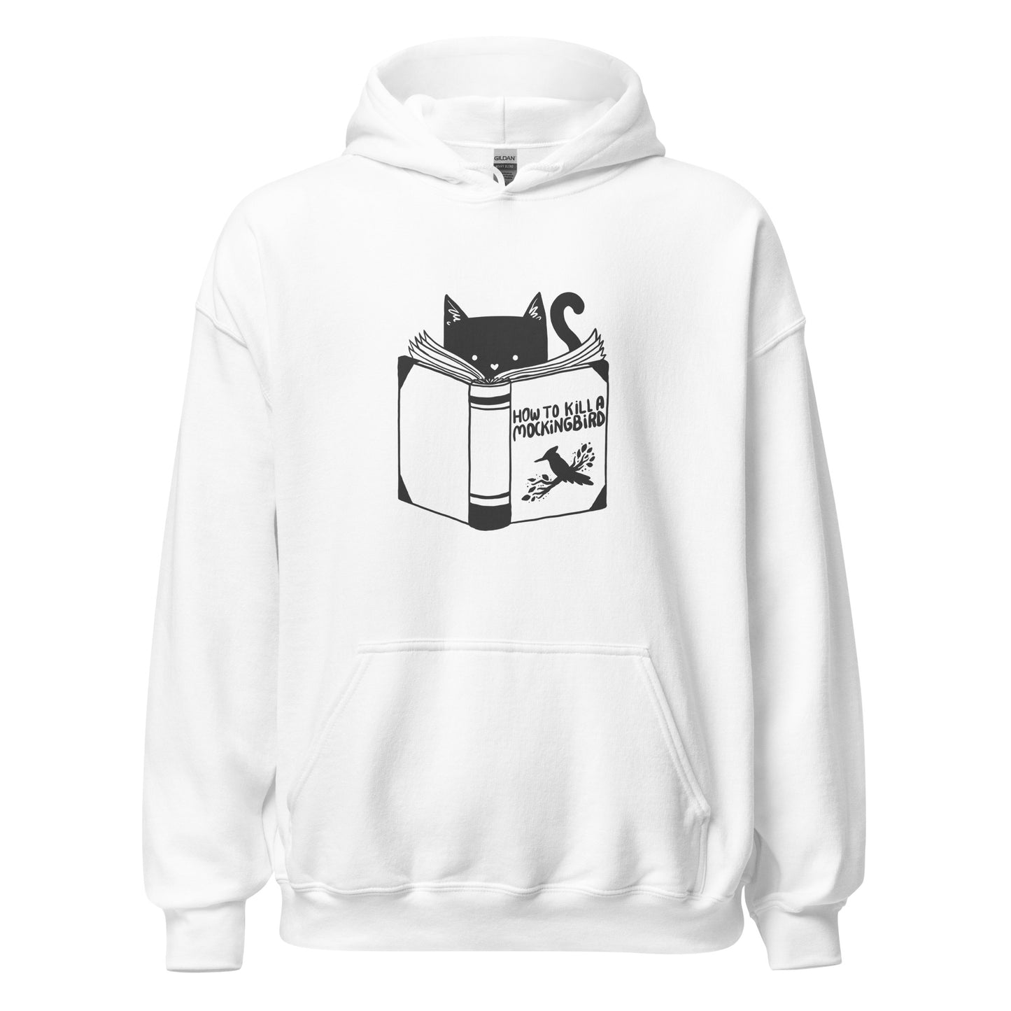 A black and white illustration features a cat peeking over an open book titled 'How to Kill a Mockingbird,' playfully altering the classic novel's title. The cat has a heart-shaped nose and simple, cute facial features. The design is whimsical and ironic, combining classic literature with a humorous twist.