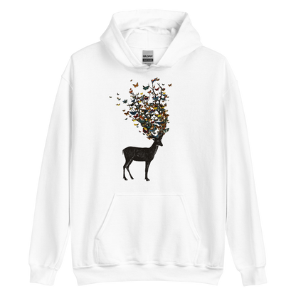 The image depicts a dark, silhouetted deer standing on a neutral background. Instead of branches, its antlers transform into a swirling cloud of vibrant, colorful butterflies that extend upwards and outward. The mix of organic and ethereal elements creates a captivating and whimsical visual contrast.