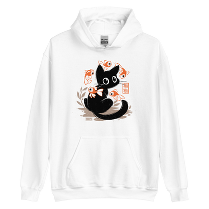 This unique design features a charming black cat amidst playful koi, rendered in beautiful Sumi-e ink style. A perfect blend of Japanese art and anime whimsy for any cat lover.