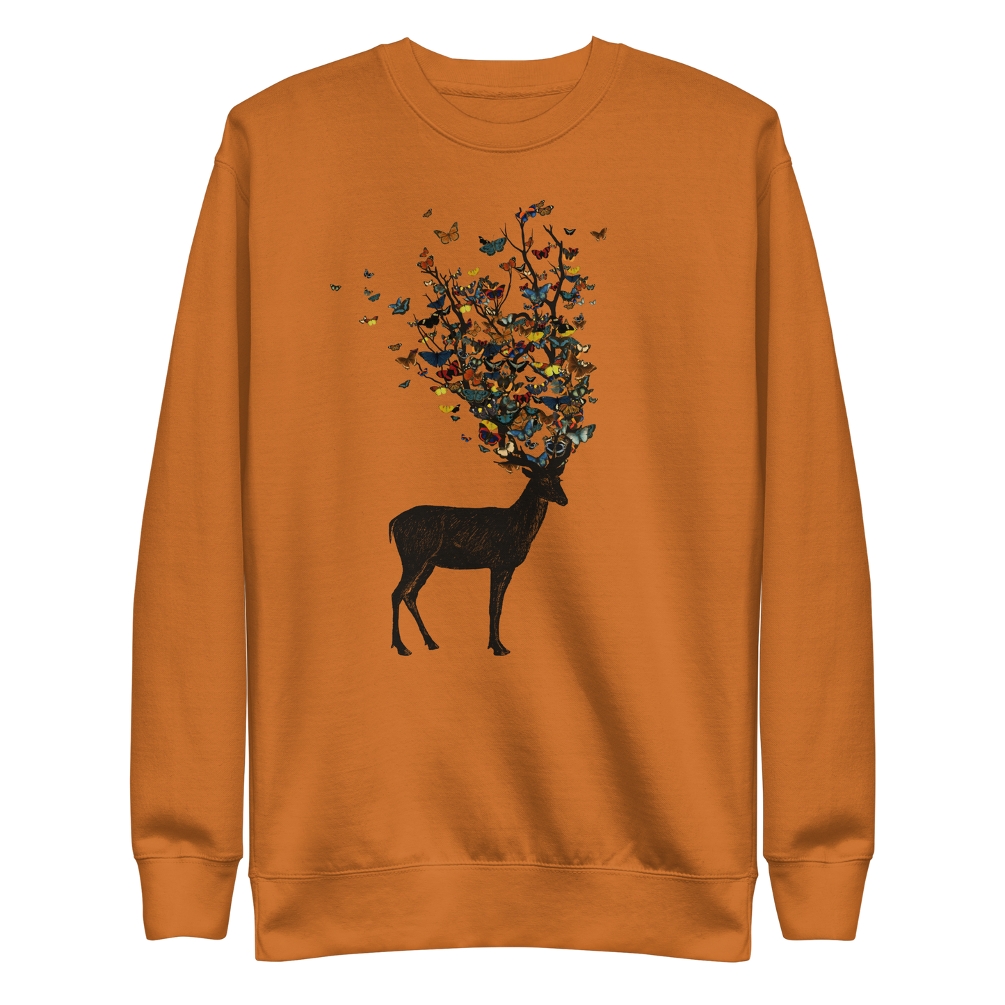 The image depicts a dark, silhouetted deer standing on a neutral background. Instead of branches, its antlers transform into a swirling cloud of vibrant, colorful butterflies that extend upwards and outward. The mix of organic and ethereal elements creates a captivating and whimsical visual contrast.