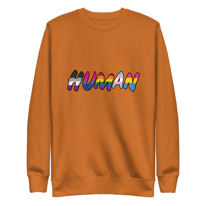 The image displays the word 'HUMAN' in bold, capitalized letters filled with colorful pride flag patterns. The colors within the letters represent different LGBTQ+ pride flags, symbolizing inclusivity and diversity. The background is solid black, which makes the colorful patterns stand out more vibrantly.