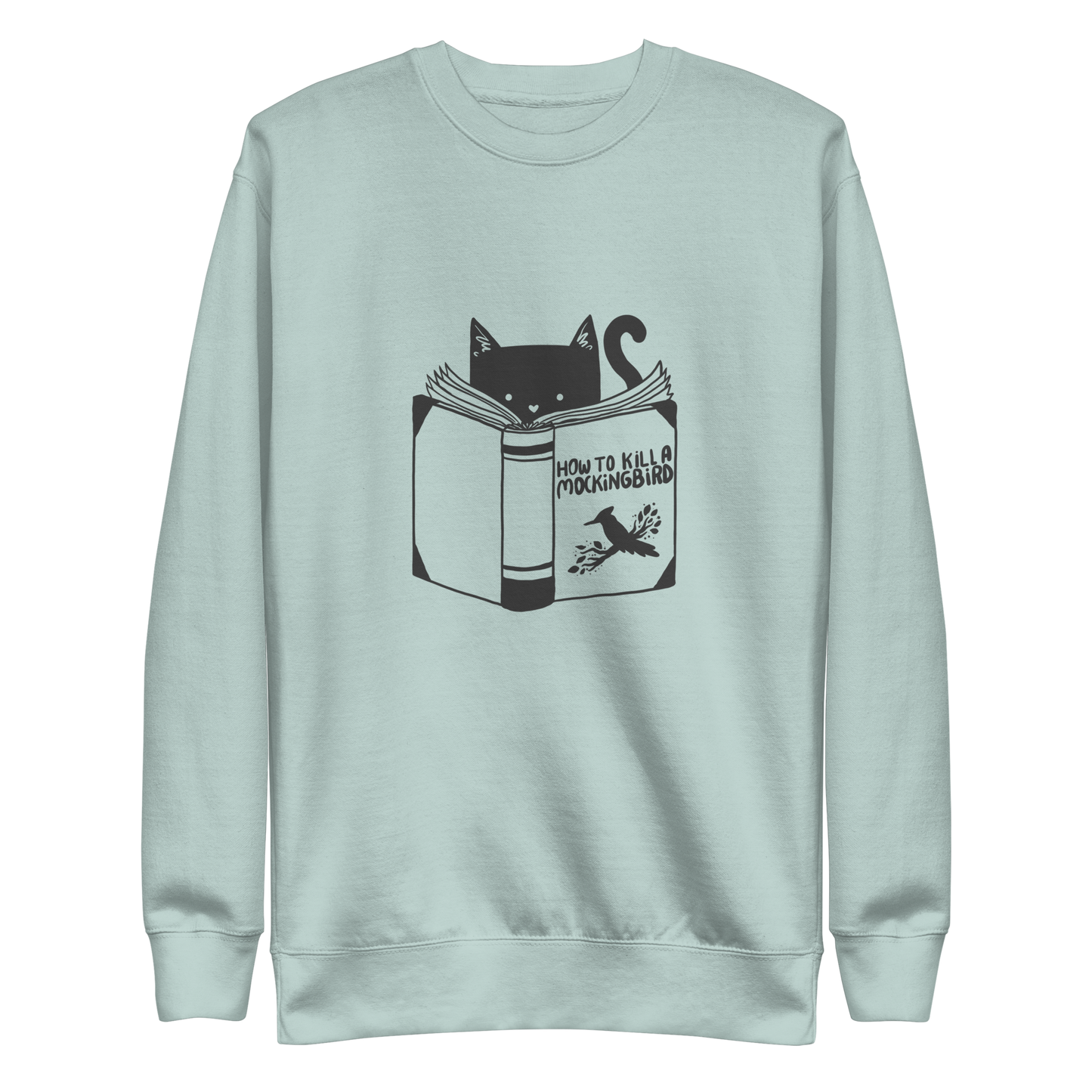 A black and white illustration features a cat peeking over an open book titled 'How to Kill a Mockingbird,' playfully altering the classic novel's title. The cat has a heart-shaped nose and simple, cute facial features. The design is whimsical and ironic, combining classic literature with a humorous twist.