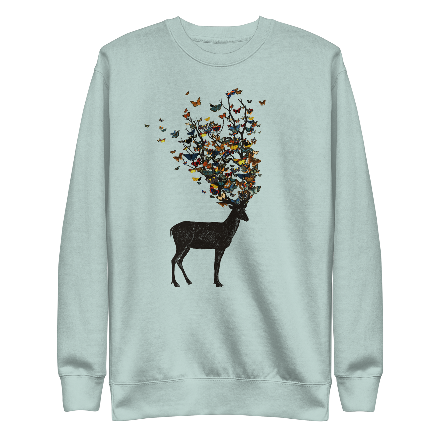 The image depicts a dark, silhouetted deer standing on a neutral background. Instead of branches, its antlers transform into a swirling cloud of vibrant, colorful butterflies that extend upwards and outward. The mix of organic and ethereal elements creates a captivating and whimsical visual contrast.