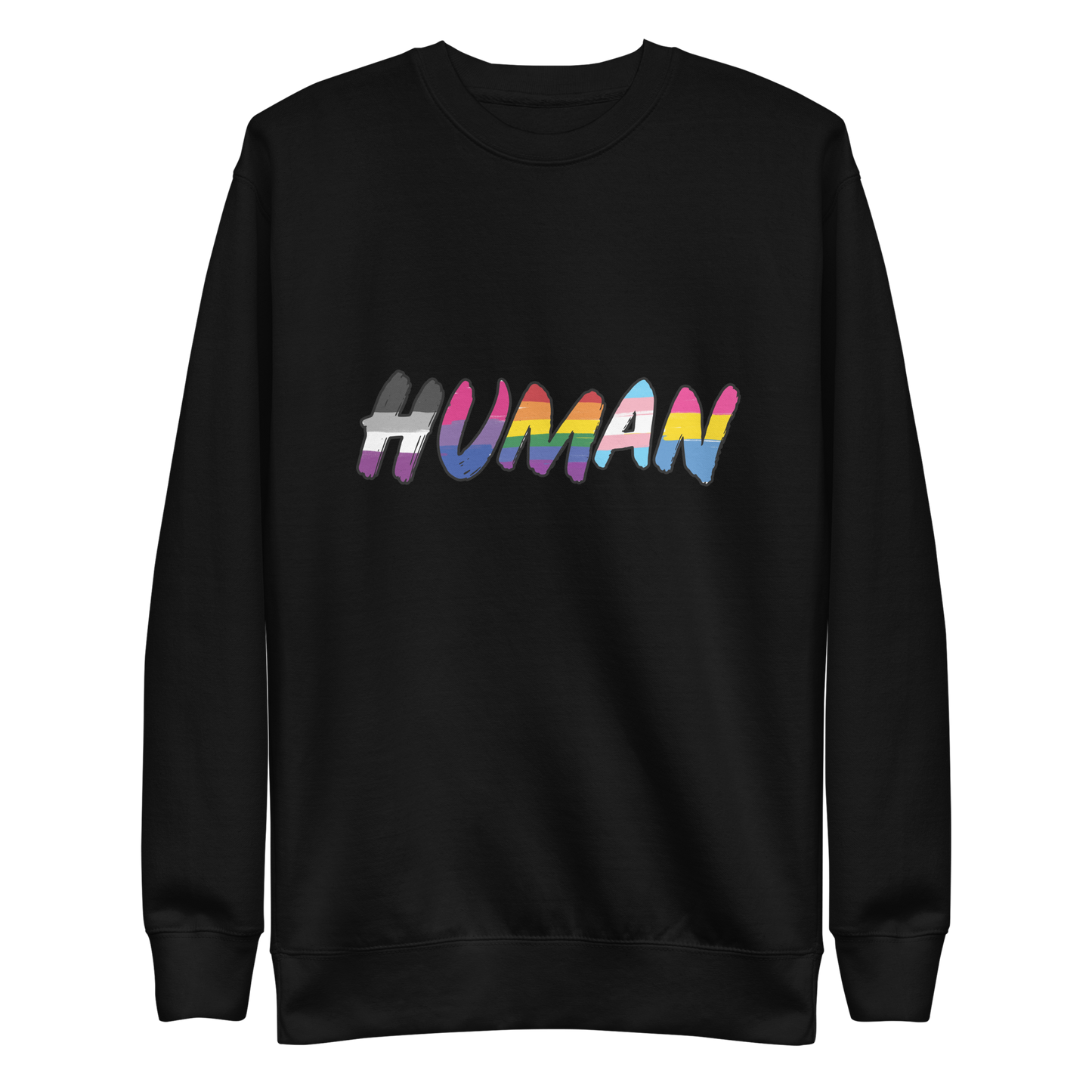The image displays the word 'HUMAN' in bold, capitalized letters filled with colorful pride flag patterns. The colors within the letters represent different LGBTQ+ pride flags, symbolizing inclusivity and diversity. The background is solid black, which makes the colorful patterns stand out more vibrantly.