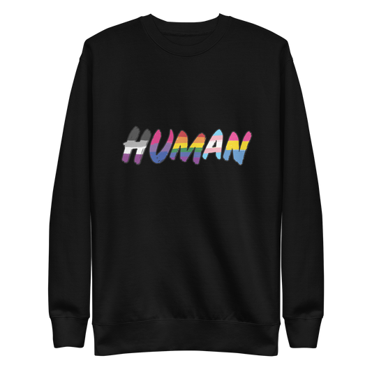 The image displays the word 'HUMAN' in bold, capitalized letters filled with colorful pride flag patterns. The colors within the letters represent different LGBTQ+ pride flags, symbolizing inclusivity and diversity. The background is solid black, which makes the colorful patterns stand out more vibrantly.