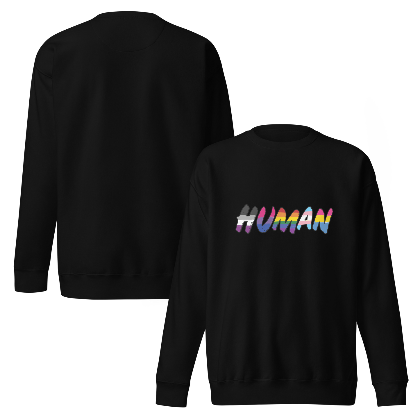 The image displays the word 'HUMAN' in bold, capitalized letters filled with colorful pride flag patterns. The colors within the letters represent different LGBTQ+ pride flags, symbolizing inclusivity and diversity. The background is solid black, which makes the colorful patterns stand out more vibrantly.