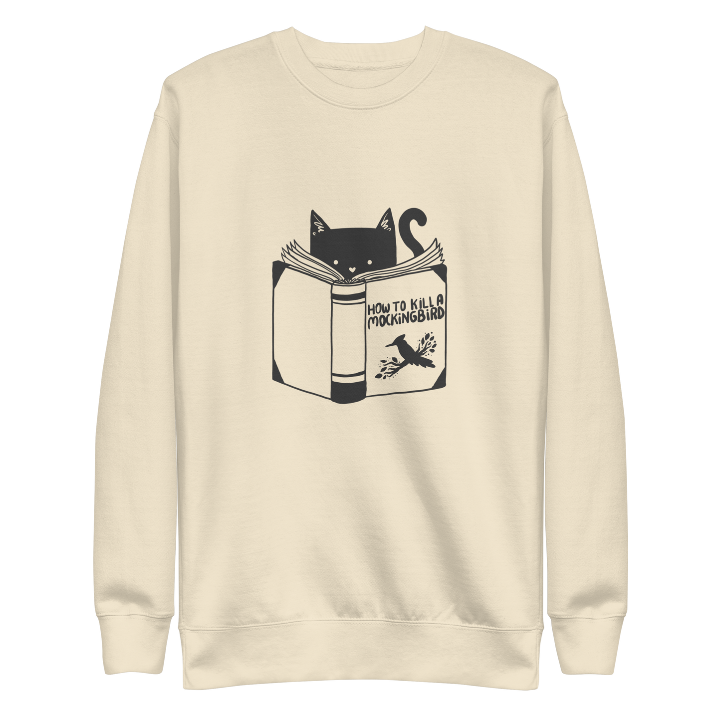 A black and white illustration features a cat peeking over an open book titled 'How to Kill a Mockingbird,' playfully altering the classic novel's title. The cat has a heart-shaped nose and simple, cute facial features. The design is whimsical and ironic, combining classic literature with a humorous twist.