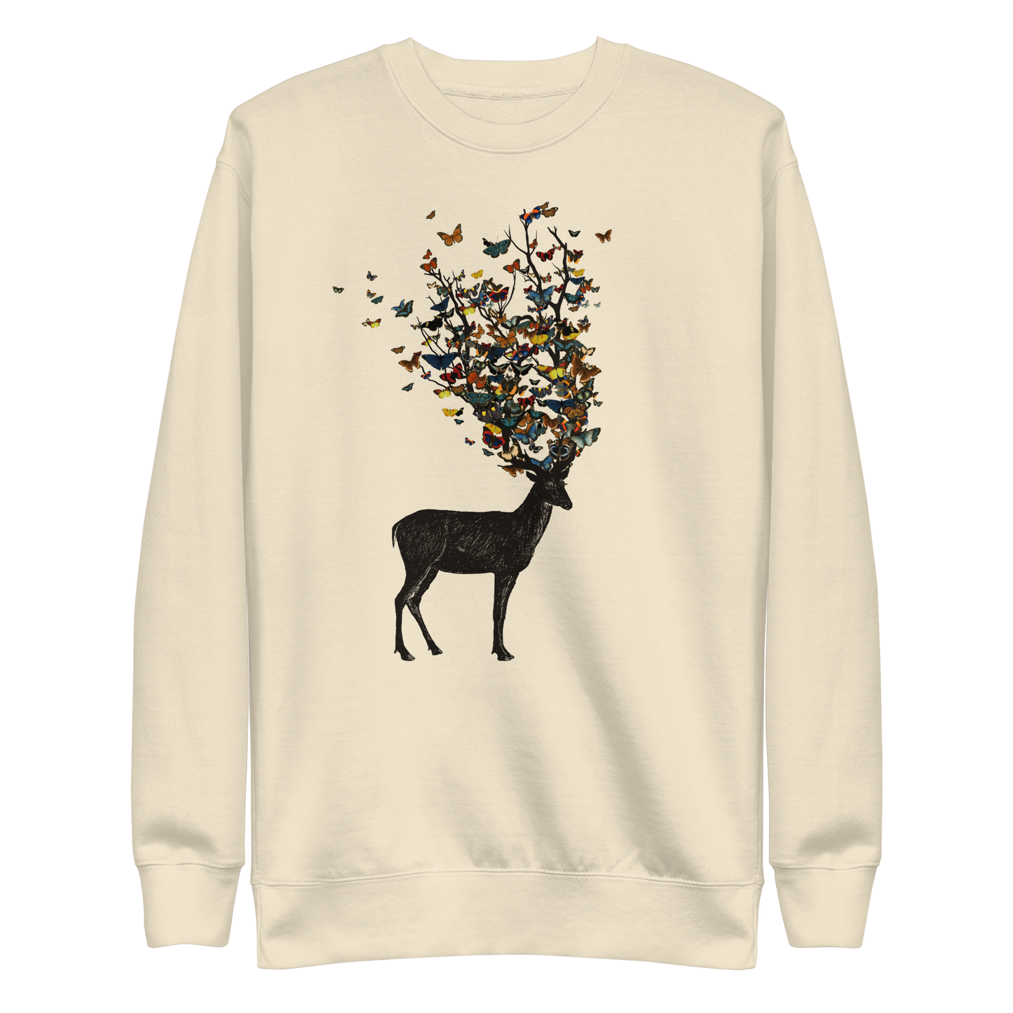 The image depicts a dark, silhouetted deer standing on a neutral background. Instead of branches, its antlers transform into a swirling cloud of vibrant, colorful butterflies that extend upwards and outward. The mix of organic and ethereal elements creates a captivating and whimsical visual contrast.