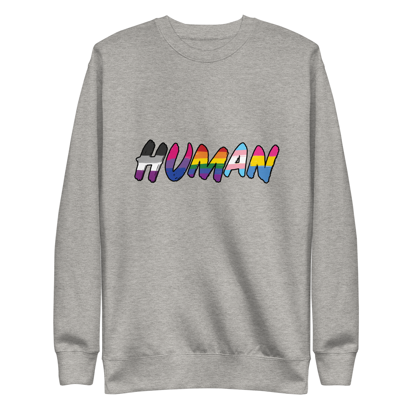 The image displays the word 'HUMAN' in bold, capitalized letters filled with colorful pride flag patterns. The colors within the letters represent different LGBTQ+ pride flags, symbolizing inclusivity and diversity. The background is solid black, which makes the colorful patterns stand out more vibrantly.