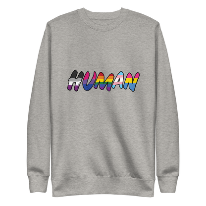 The image displays the word 'HUMAN' in bold, capitalized letters filled with colorful pride flag patterns. The colors within the letters represent different LGBTQ+ pride flags, symbolizing inclusivity and diversity. The background is solid black, which makes the colorful patterns stand out more vibrantly.